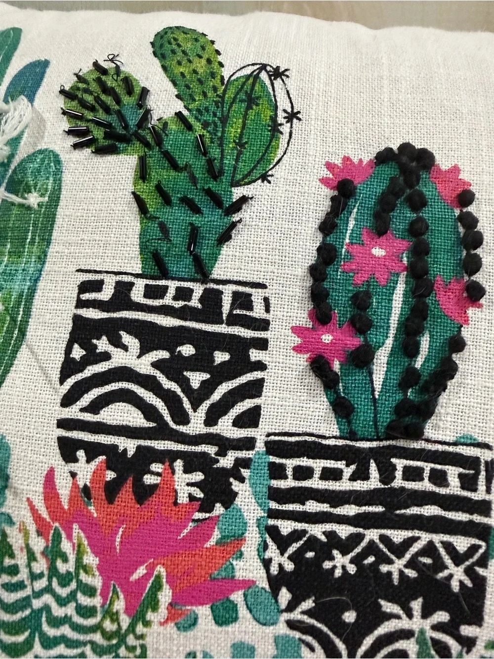Throw Pillow- Rectangular Embroidered Cactus Pillow with Pink Accents 20”x13”